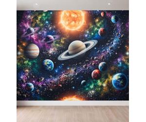 Papier peint photo intissé Planètes Du Système Solaire & Nébuleuse Modernes effet 3D 300 x 210 cm, Espace Fantaisie Papier peint intissé de haute qualité, pour Salle De Jeu, revêtement mural