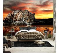Papier peint photo Léopard animal coucher de soleil rouge Papier peint intissé 250x175 cm -5 pièces Tableaux Muraux moderne et minimaliste Tapisserie Decoration Murale Poster Salon Appartement