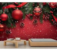 Papier peint photo « Merry Christmas » - 200 x 140 cm - Motif boule de Noël rouge classique - Décoration murale de Noël (non pelable et adhésive)