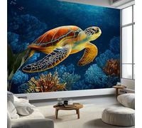 Papier Peint Photo Monde Sous-Marin Récif Corallien Tortue De Mer 350 x 256 cm Papier Peint Panoramique, Bleu Foncé Papier Peint intissé Murale Pour Chambre De Fille Garçon Chambre De Bébé Salon