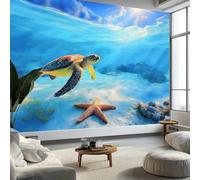 Papier Peint Photo Monde Sous-Marin Tortues De Mer Étoiles De Mer 200 x 140 cm Papier Peint Panoramique, Bleu Papier Peint intissé Murale Pour Chambre De Fille Garçon Chambre De Bébé Salon