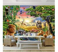 Papier peint Photo Mural 350×256cm Décoration Murale 3D arc en ciel vert forêt peinture à l'huile des animaux Chambre des enfants