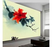 Papier Peint Photo Mural Encre Style Pictural 300L x 210H cm, Papier Peint Non Tissé Branches Rouge Fleurs Feuilles Décoratif - Poster Design Moderne pour Chambre d'Enfant Salon Chambre à Coucher