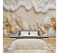 Papier peint photo mural - motif coquillages, plage, mer, effet 3D, vagues de sable, intissé, moderne, pour salon, chambre, chambre d'enfant, 350 cm x 256 cm, poster - autocollant mural - image sans c