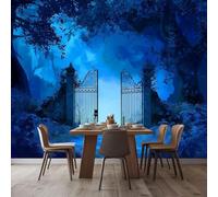 Papier peint photo mural représentant un château de conte de fées bleu avec une porte en fer forgé, effet 3D. Idéal pour le salon, la chambre, la chambre d'enfant ou comme fond de mur TV. Dimensions :