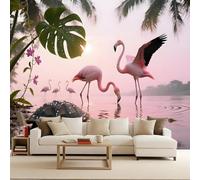 Papier Peint Photo Murale 100x70 cm Flamant Rose Rivière Plante Fleurs 3D Effets Muraux Tissus Non Tissés Mat Wallpaper Poster Décor Murale pour Salon Chambre Couloir Bureau Rénovation de Maison