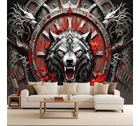 Papier Peint Photo Murale 100x70 cm Style Viking Loup Arme Bouclier 3D Effets Muraux Tissus Non Tissés Mat Wallpaper Poster Décor Murale pour Salon Chambre Couloir Bureau Rénovation de Maison