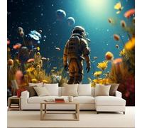 Papier Peint Photo Murale 450x315 cm Espace Astronaute Planète Fleurs 3D Effets Muraux Tissus Non Tissés Mat Wallpaper Poster Décor Murale pour Salon Chambre Couloir Bureau Rénovation de Maison