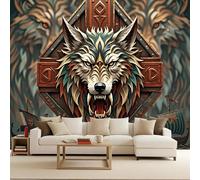 Papier Peint Photo Murale 450x315 cm Style Viking Loup Arme Bouclier 3D Effets Muraux Tissus Non Tissés Mat Wallpaper Poster Décor Murale pour Salon Chambre Couloir Bureau Rénovation de Maison