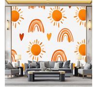 Papier Peint Photo Murale Bohème, Soleil Aquarelle Arc Ciel Fresque Poster Géant Panoramique Intissée 350 x 256 cm pour Tapisserie Décoration Chambre Salon Maison