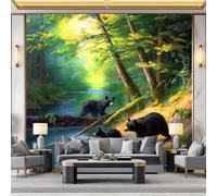 Papier Peint Photo Murale Paysage Naturel, Forêt Dense Animal Ours Fresque Poster Géant Panoramique Intissée 200 x 140 cm pour Tapisserie Décoration Chambre Salon Maison