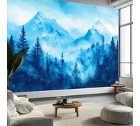 Papier Peint Photo Murale Style Aquarelle, Nuages Montagnes Forêt Fresque Poster Géant Panoramique Intissée 350 x 256 cm pour Tapisserie Décoration Chambre Salon Maison
