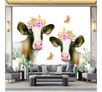 Papier Peint Photo Murale Style Aquarelle, Plantes Fleurs Animal Vache Fresque Poster Géant Panoramique Intissée 250 x 175 cm pour Tapisserie Décoration Chambre Salon Maison