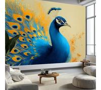 Papier Peint Photo Murale Style Peinture À L'Huile, Paon Bleu Fresque Poster Géant Panoramique Intissée 350 x 256 cm pour Tapisserie Décoration Chambre Salon Maison
