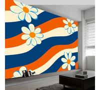 Papier Peint Photo Murale Style Rétro, Plantes Fleurs Vagues Géométriques Fresque Poster Géant Panoramique Intissée 250 x 175 cm pour Tapisserie Décoration Chambre Salon Maison