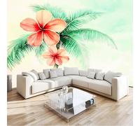 Papier Peint Photo Murale Style Vintage, Palmier Aquarelle Fresque Poster Géant Panoramique Intissée 300 x 210 cm pour Tapisserie Décoration Chambre Salon Maison