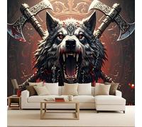 Papier Peint Photo Non Tissé 300x210 cm Style Viking Loup Arme Bouclier Effets 3D Photo Geant Mural Wallpaper Mat Image Muraux Poster pour Salon Chambre Couloir Bureau Salon Décoration Murale
