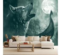 Papier Peint Photo Non Tissé 350x256 cm Style Viking Loup Arme Bouclier Effets 3D Photo Geant Mural Wallpaper Mat Image Muraux Poster pour Salon Chambre Couloir Bureau Salon Décoration Murale