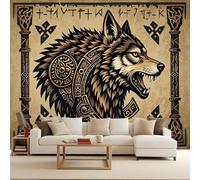Papier Peint Photo Non Tissé 400x280 cm Style Viking Loup Arme Bouclier Effets 3D Photo Geant Mural Wallpaper Mat Image Muraux Poster pour Salon Chambre Couloir Bureau Salon Décoration Murale