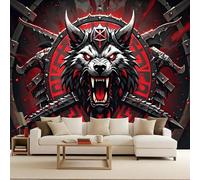 Papier Peint Photo Non Tissé 450x315 cm Style Viking Loup Arme Bouclier Effets 3D Photo Geant Mural Wallpaper Mat Image Muraux Poster pour Salon Chambre Couloir Bureau Salon Décoration Murale