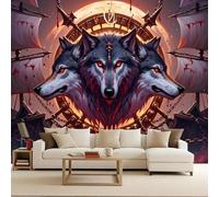 Papier Peint Photo Non Tissé 450x315 cm Style Viking Loup Arme Bouclier Effets 3D Photo Geant Mural Wallpaper Mat Image Muraux Poster pour Salon Chambre Couloir Bureau Salon Décoration Murale