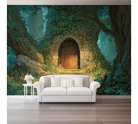Papier peint photo non tissé Porte de pierre de la forêt des contes de fées Panoramique Poster Tapisserie Photo 400 x 280 cm Personnalisé Murale Décoration Pour salon et chambre à coucher Vert