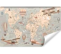 Papier peint photo non tissé pour filles garçons Carte du monde Carte de la terre Animaux Avions Ballons Décoration murale pour chambre d'enfant Br. 360 cm x Hö. 240 cm