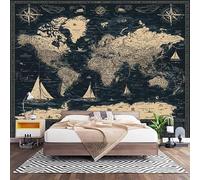 Papier Peint Photo Panoramique 3D Carte Du Monde Nautique Vintage Poster Papier Peint Intissé Bleu Foncé, Tapisserie Panoramique Salon, Décoration Mural Bureau Enfants Chambre 450x315 cm