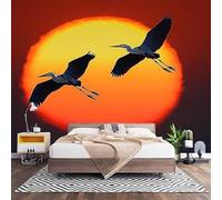Papier Peint Photo Panoramique 3D Coucher de Soleil Orange Poster Papier Peint Intissé Motif HéRon Animal, Tapisserie Panoramique Salon, Décoration Mural Bureau Enfants Chambre 400x280 cm