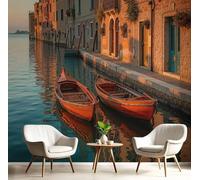 Papier Peint Photo Panoramique 3D Coucher De Soleil Sur Les Rues D'Un Lac Orange Brûlé Papier Peint Ville Rétro , Tapisserie Panoramique Salon, Décoration Mural Bureau Enfants Chambre 200X140Cm