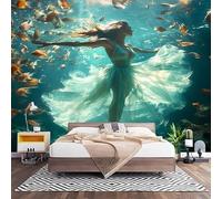 Papier Peint Photo Panoramique 3D Danseuse de Ballet Et Poisson Poster Papier Peint Intissé Turquoise, Tapisserie Panoramique Salon, Décoration Mural Bureau Enfants Chambre 200x140 cm
