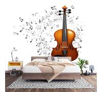 Papier Peint Photo Panoramique 3D Motif de Notes de Musique de Guitare Marron Poster Papier Peint Intissé Blanc, Tapisserie Panoramique Salon, Décoration Mural Bureau Enfants Chambre 400x280 cm