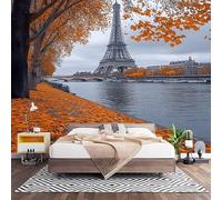 Papier Peint Photo Panoramique 3D Paysage Au Bord de La Seine Poster Papier Peint Intissé Feuilles D'Or, Tapisserie Panoramique Salon, Décoration Mural Bureau Enfants Chambre 450x315 cm