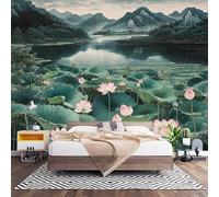 Papier Peint Photo Panoramique 3D Paysage de Fleurs de Lotus Et de Feuilles de Lotus Poster Papier Peint Intissé Montagnes Vertes, Tapisserie Panoramique Salon, Mural Bureau Enfants Chambre 250x175 cm