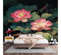Papier Peint Photo Panoramique 3D Style Japonais Fleurs de Lotus Poissons Koï Poster Papier Peint Intissé Vert, Tapisserie Panoramique Salon, Décoration Mural Bureau Enfants Chambre 350x256 cm