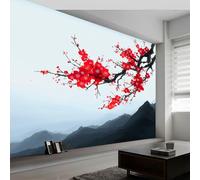 Papier Peint Photo Panoramique 500 x 280 cm Représentant Des Montagnes Fleurs De Prunier papier peint Pour Salon Chambre Bureau Couloir décoration Peinture murale décor Murale moderne, Bleu Clair