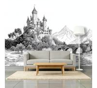 Papier Peint Photo Panoramique Château Pont En Pierre Rivière 300 x 210 cm Fresque Murale, Peinture À L’Encre Intissé Murale Moderne - Pour Salon Classique Bureau Papier Peint Photo