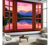 Papier Peint Photo Panoramique Lac Forêt, Cadre Fenêtre Bois Papier Peint Intissé Mural - Poster Geant Mural Personnalisé 400 x 280 cm pour Salon Chambre D'enfants Décoration Murale