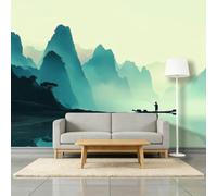 Papier Peint Photo Panoramique Montagnes Rivières Bateau De Pêche 200 x 140 cm Fresque Murale, Peinture À L’Encre Intissé Murale Moderne - Pour Salon De Style Chinois Bureau Papier Peint Photo