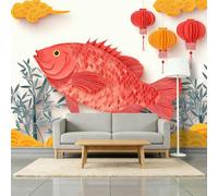 Papier Peint Photo Panoramique Poisson Rouge Bambou Lanternes 200 x 140 cm Fresque Murale, Nouvel An Chinois Intissé Murale Moderne - Pour Entrée Couloir Salle À Manger Papier Peint Photo
