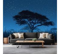 Papier Peint Photo Photographie Ciel Nocturne Arbre À Acacia Lucioles 350 x 256 cm Papier Peint Panoramique, Bleu Papier Peint intissé Murale Pour Chambre De Fille Garçon Chambre Salon Chambre Décor