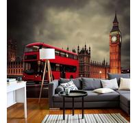 Papier peint photo représentant des bus et des rues de Londres - Papier peint Big Ben, décoration murale, fresque murale moderne, papier peint intissé marron foncé pour salon, chambre, chambre d'enfan