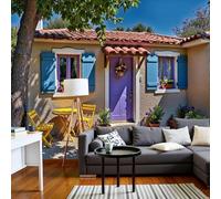 Papier peint photo représentant un paysage panoramique d'architecture grecque estivale, de ferme et de nature, avec un motif bleu roi et un effet 3D. Dimensions : 350 cm x 256 cm. Convient pour un sal