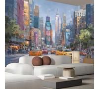 Papier peint photo représentant une peinture à l'huile d'architecture, le paysage animé de New York en 3D, papier peint bleu pour salon et chambre, papier peint mural intissé, 350 cm x 256 cm