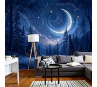 Papier peint photo rotatif Ciel étoilé - Décoration murale Forêt mystérieuse, tableau moderne bleu intissé pour salon, chambre, chambre d'enfant, 300 cm x 210 cm, stickers - Peinture sans cadre - Post