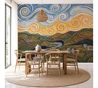 Papier Peint Photo Soie, Peinture À L'Huile Paysage Impressionnisme Terrasses Rivières, 400 x 280cm, Papier Peint Soie de Haute Qualité, pour Salon et Chambre, Revêtement Mural, Bleu Cobalt Orange
