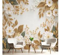 Papier peint photo Soie, Usines métallurgiques de luxe Cent fleurs Feuille Baie, 350x256cm | Papier peint Soie de haute qualité, pour salon et chambre, revêtement mural, papier peints effet 3D Or