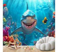 Papier peint photo sur le thème du monde sous-marin pour chambre d'enfant, requins et animaux marins. Motif moderne intissé pour salon, chambre ou décoration murale. Dimensions : 350 cm x 256 cm. Stic