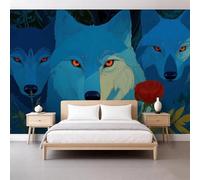 Papier Peint Photo Trois Loups Bleus 250 x 175 cm Papier Peint Panoramique, Animaux De Anime Murale Intissé Poster Fresque pour Salon Chambre à Coucher Fond TV
