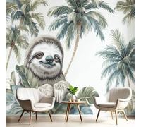 Papier Peint Photo Vert Brunâtre Paresseux Palmier Animaux De La Forêt Tropicale Humide Effet 3D Poster Tableaux Photo Muraux Utilisé Pour Salon Chambre Chambre D'Enfant Décoration Murale,300X210Cm
